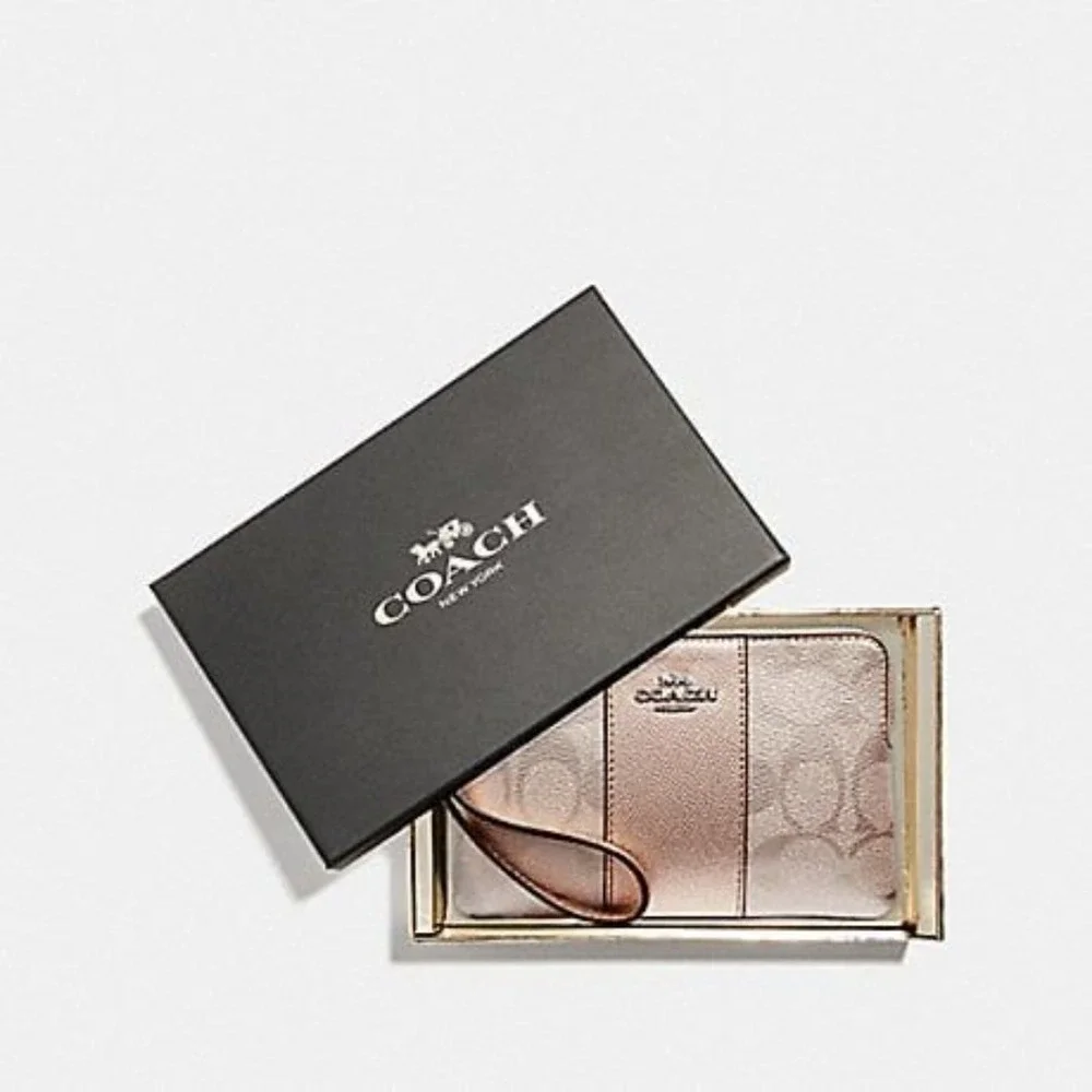 Coach Boxed Corner Zip Wristlet In Signature Canvas With Stripe NIB